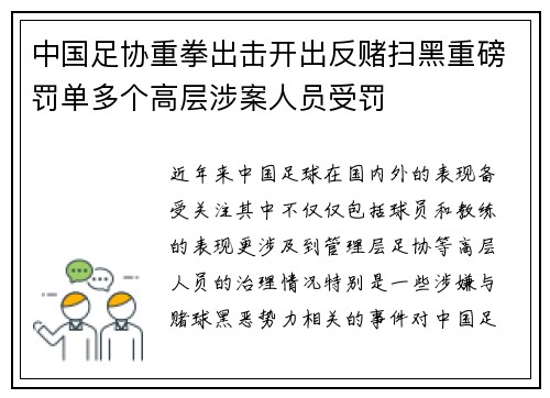 中国足协重拳出击开出反赌扫黑重磅罚单多个高层涉案人员受罚