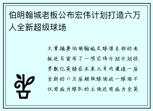 伯明翰城老板公布宏伟计划打造六万人全新超级球场
